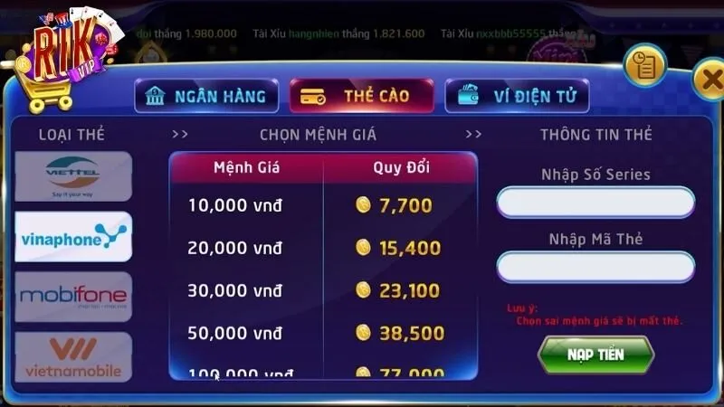 Rikvip Hướng dẫn thao tác gửi tiền vào ví bằng thẻ cào điện thoại Rikvip Hướng dẫn thao tác gửi tiền vào ví bằng thẻ cào điện thoại